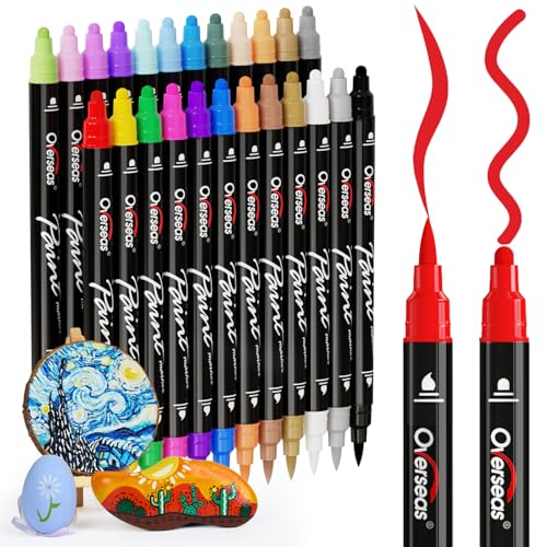Overseas 24 Dual-Tip Acrylic Paint Markers Pens - Acrylic Paint Pens with Brush and Dot Tip, No Bleeding Coloring Marker for Wood, Rock, Glass, Metal, Ceramic, Plastic, Fabric, Teacher Supplies - size: 1 Count (Pack of 24)