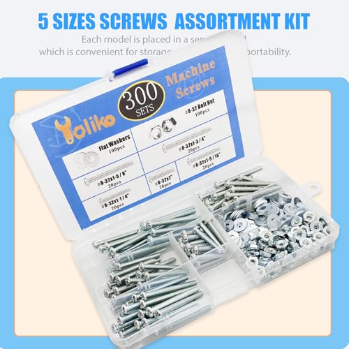 300 Pcs Machine Screws 8/32 Knob/Pull Screws Bolt Nut Flat Washers Assortment Kit Carbon Steel Zinc-Plated Phillips Used for Industrial&Construction Fasteners 5 Sizes Length #8-32x1 to#8-32x1-3/4" - size: 300 Pcs Machine Screw Kit