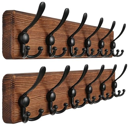 Dseap Coat Rack Wall Mounted - 24" Long 6 Tri Hooks, Heavy Duty Wooden Wall Coat Hanger Coat Hook for Clothes Hat Jacket Clothing, Natural and Black, Pack of 2 - color: Natural & Black, size: L=24"
