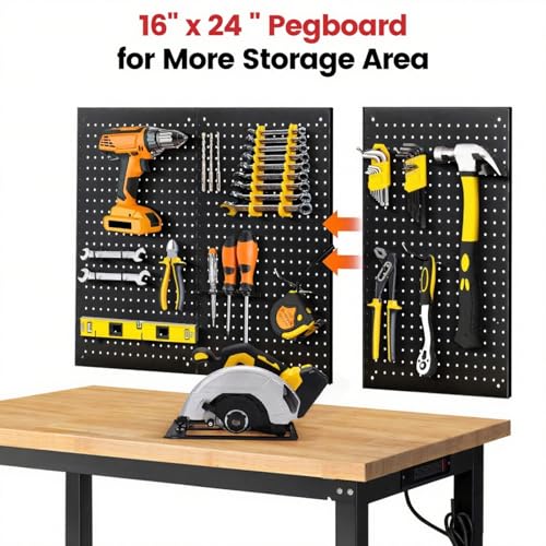 ENJOYWOOD 48" x 20" Heavy Duty Workbench Adjustable Height Garage Work Table with Solid Rubberwood Top, Double Layer Shelf, Pegboard & Power Outlets for Workshop, Home & Office - size: Small