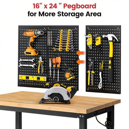 ENJOYWOOD 48" x 20" Heavy Duty Workbench Adjustable Height Garage Work Table with Solid Rubberwood Top, Double Layer Shelf, Pegboard & Power Outlets for Workshop, Home & Office - size: Small