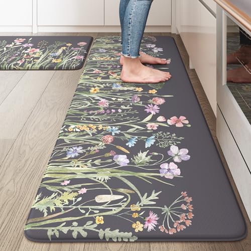 KIMODE Anti Fatigue Kitchen Mats for Floor, 20"x47"+20"x32" Farmhouse Kitchen Rugs Sets of 2, Padded Kitchen Floor Mats, Comfort Standing Mats for Sink, Laundry, Office, Desk Dark Grey/Purple - color: Floral/Dark Grey/Purple, size: 20" x 47"+20" x 32"--0.