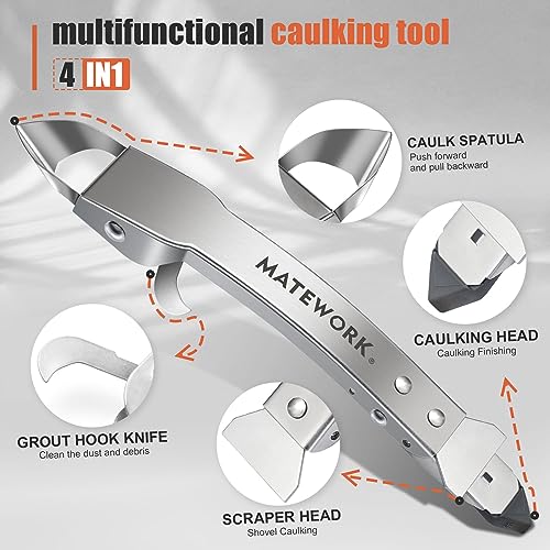 Caulking Tool Kit, Matework Stainless Steel Caulk Remover Caulking Tool Set with Cut Resistant Gloves, Scraper, Silicone Caulking Tools, 4 in 1 Caulking Finishing Tool for Bathroom Kitchen Living Room - color: Silver kit