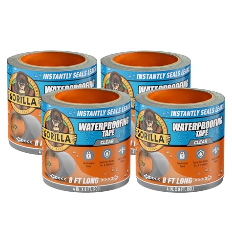 Gorilla Waterproof Patch & Seal Tape, Clear Tape, 4" x 8' (Pack of 4) - Permanent Weather Resistant Seal for Leaks and Repairs