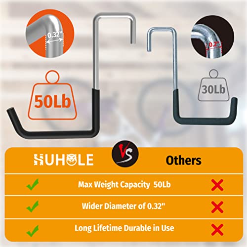 HUHOLE 4 Pack Rafter Hooks for Garage Storage – Heavy Duty Vinyl Coated Large S Hooks (50lb Capacity) – No-Drill Utility Hangers for Hanging Bikes, Ladders, Plants & Hoses on Wood Joists & Beams