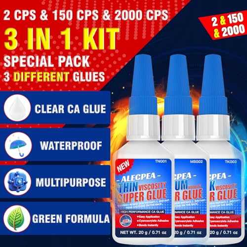 2/150/2000 CPS (Thin/Medium/Thick) CA Glue, Cyanoacrylate Super Glue Wood, Glass, Metal, Paper, Leather, Plastic, Ceramic, Rubber, Jewelry, Woodworking, Hobby Models, and Craft Project 60g(2oz) - size: Clear/2CPS+150CPS+2000CPS