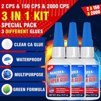 2/150/2000 CPS (Thin/Medium/Thick) CA Glue, Cyanoacrylate Super Glue Wood, Glass, Metal, Paper, Leather, Plastic, Ceramic, Rubber, Jewelry, Woodworking, Hobby Models, and Craft Project 60g(2oz) - size: Clear/2CPS+150CPS+2000CPS