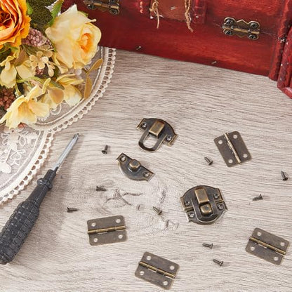 2 Sets Antique Bronze Wooden Box Hinges and Latches Metal Retro Small Decorative Latches Hook Hinge Kit with 24Pcs Matching Screws for DIY Craft Project Wood Jewelry Boxes Cabinet