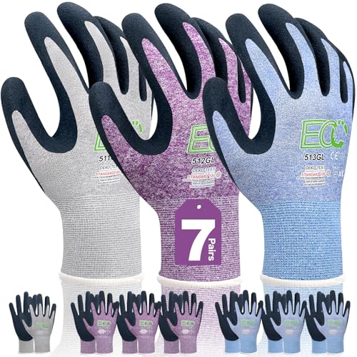 7 Pairs Women Gardening Gloves, EN388 2131X Outdoor Protective Work Gloves with Breathable Micro-Foam Coating for Gardening, General Purpose, Courtyard, 3 Purple + 3Blue +1 Grey - size: X-Large