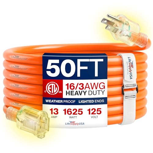 50ft Outdoor/Indoor Extension Cord 16/3 Gauge Heavy Duty 3 Prong SJTW, Waterproof, ETL Listed, Flexible Cold-Resistant Long Power Cord,13A 125V 1625W, Orange by LifeSupplyUSA - color: Orange, size: 50 FT, style: 16 Gauge (LIGHT DUTY)