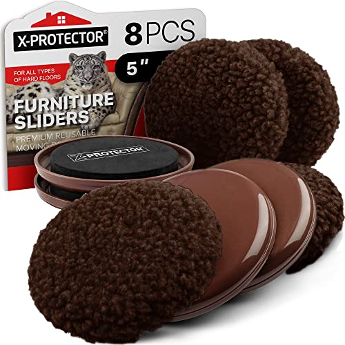 Furniture Sliders X-PROTECTOR - 4+4 Pack 5” - Brown Multi-Surface Furniture Sliders for Carpet & Hard Floors - 4 Furniture Movers for Carpeted Floors and 4 Hardwood Socks - Move Furniture Easily! - size: 4+4 Pack 5 in (Brown)