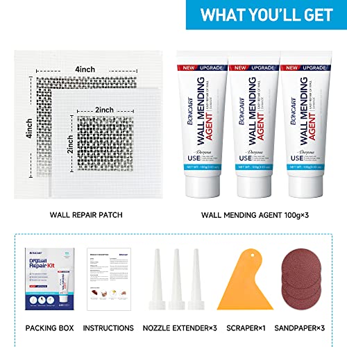 BONCART Drywall Repair Kit, Spackle Wall Repair Kit, 3 Pack Wall Mending Agent Putty, Wall Repair Paste Plaster for Wall Crack/Nail Hole, Wall Hole Filler with 2inch 4inch Wall Patch - style: 3Pack & Wall Patch