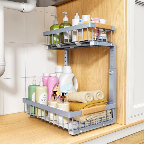 PXRACK Under Sink Organizer, Adjustable Height, 2 Tier Pull Out Under Cabinet Organizer, Slide Out Thickened Metal Under Sink Storage for Kitchen Bathroom Laundry Pantry Cabinet, Grey, Large-1-Pack - color: Gray, size: Large-1-Pack