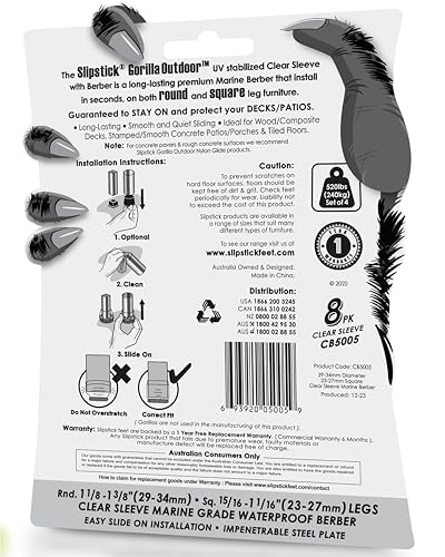 Slipstick GorillaOutdoor Berber Furniture Feet Pads with Clear Sleeve Sock (8 Pack) Outdoor Furniture Sliders for Round & Square Legs, Medium - size: Universal Medium