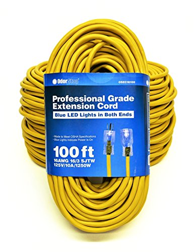 OdorStop Extension Cords with Blue LED Lights on Both Ends (16/3, 100 ft) - size: 16/3, 100 ft