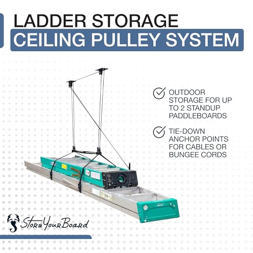StoreYourBoard Ladder Storage Ceiling Pulley System, Garage Mount Hoist, Heavy Duty Hanging Organizer Holds 150 lbs - size: 8 Ft - 10 Ft Ceiling