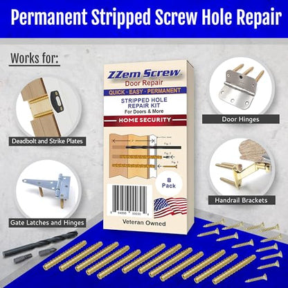 12-PK - #9x3 Brass Screws Permanent Door Hinge Repair Kit – Easy Stripped Screw Hole Fix – Reinforce Hinges, Strike Plates & Door Jamb – Quickly Fix Stripped Hinge Screws - Made in USA