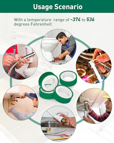 4 Roll Plumbers Tape, -374 to 536 Degree F Temperature Range, Teflon Plumbing Tape, High Density 0.45g/cm, Used for Water Pipes, faucets, valves, L 390 in x W 0.47 in³.Green - style: Green 0.47 in *4 Roll