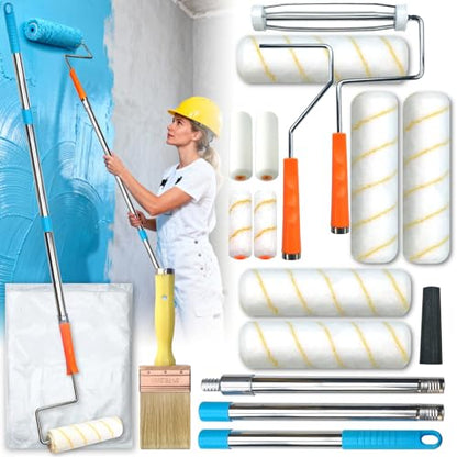 King Origin 16-Piece Paint Roller Kit with Extension Pole (3 ft), 9"&4" Paint Rollers, Frames, Paint Brush, Drop Cloth, House Paint Supplies for Painting Walls, Home Interior - color: 16 Pack, 9" & 4" roller