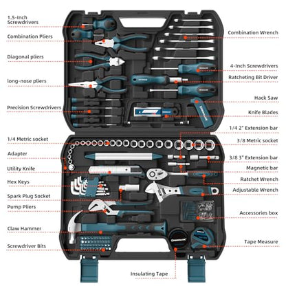 Home Tool Kit 199 Piece Basic Household Auto Repair Tool Set Car Toolbox General Hand Tool Kit for Home Men Women DIY with Plastic Toolbox (Blue and black) - color: Blue and Black