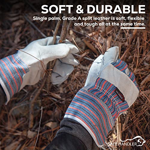 SAFE HANDLER Work Leather Gloves with Cool Cotton Lined Backing Lightweight & Versatile Split Leather Safety Cuff Work Gloves