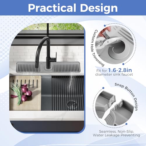 24" Silicone Faucet Mat for Kitchen Sink, 6° Slope Water Draining Mat, Kitchen Sink Splash Guard, Silicone Sink Protector for Kitchen Sink Bathroom Sink with Fasten Button, Dark Grey