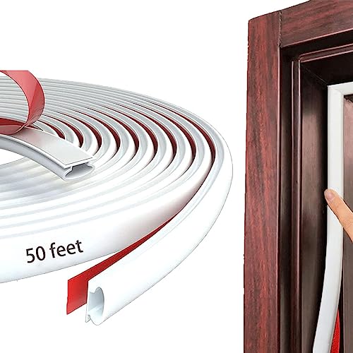 White Rubber Weather Stripping Door Seal Strip, D Shape Door Weather Seal Strip, Self-Adhesive Soundproofing Frame Insulation Tape for Doors Frame/Window Seal,Blocks Cold Drafts Noise - color: White, size: 50 Feet