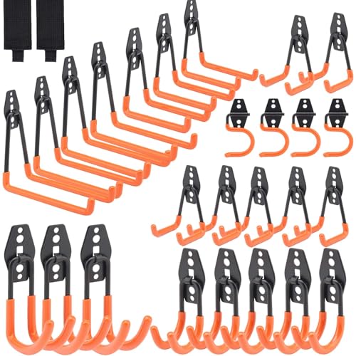 28 Pack Garage Hooks Heavy Duty, Industrial Wall Mount Garage Storage Hooks for Hanging Bike, Ladder and Garden Tools, Organization System with Mop Broom Holders, 100 LBS Capacity, Orange - color: Orange 28 Pack