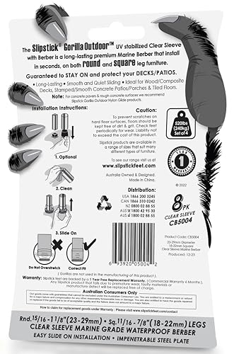 Slipstick GorillaOutdoor Berber Furniture Feet Pads with Clear Sleeve Sock (8 Pack) Outdoor Furniture Sliders for Round & Square Legs, Small - size: Universal Small