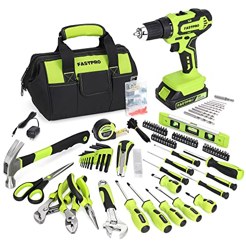FASTPRO 232-Piece Home Tool Set with Drill, 20V Cordless Drill Driver, Household Repairing Tool Kit with Drill, 12-Inch Wide Mouth Storage Tool Bag Included, Green - color: Green