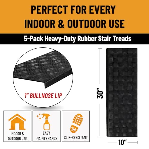 Ottomanson Bullnose Stair Treads Outdoor – Ribbed Heavy-Duty Non-Slip Stair Mats – Best Grip on Concrete, Brick & Textured Step – Fastening Required for Wooden & RV Steps, Pack of 5 - color: Black Ribbed Squares - Bullnose