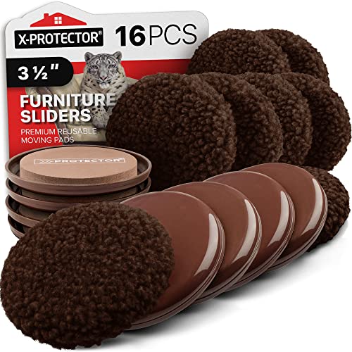 Furniture Sliders X-PROTECTOR - 8+8 Pack 3 1/2” - Brown Multi-Surface Furniture Sliders for Carpet & Hard Floors - 8 Furniture Movers for Carpeted Floors and 8 Hardwood Socks - Move Furniture Easily! - size: 8+8 Pack 3 1/2 in (Brown)