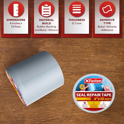 XFasten Waterproof Patch and Seal Tape Clear, 4” x 10-Feet Roof and Gutter Rubber Repair Tape for Stop Leak Repair on Gutter, Roof, Boat, Pool, HVAC - color: Clear, size: 4-Inch by 10-Feet