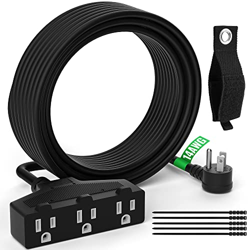 Outdoor Extension Cord 50 Ft with 3 Outlets, 14/3 SJTW 3 Prong Grounded Power Cord, 14 Gauge 14AWG Heavy Duty Power Cable, ETL Listed, 15 Amp 125 V 1875 W-Multiple Outlets for Indoor/Outdoor-Black - size: 50FT, style: 14AWG