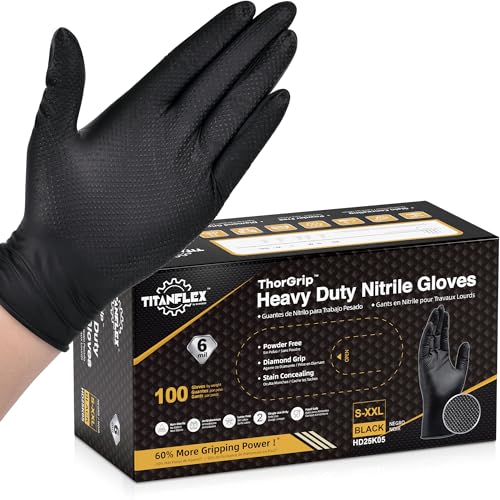TitanFlex ThorGrip Heavy Duty Black Industrial Nitrile Gloves, Large, Box of 100, Latex Free, Raised Diamond Texture, Powder Free, Food Safe, Mechanic Gloves