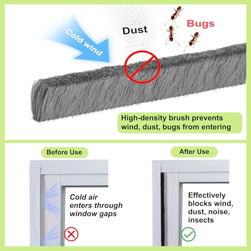 ZOMPAGO Strong Adhesive Brush Weather Stripping,0.4in Thick x 0.4in(W) x 33FT,Grey for Sliding Windows/Doors - Car Door Seal for Soundproofing,Dustproof,Winter Windproof & Warm,Waterproof,DIY Install - size: 1 Roll, 0.6 in X 0.4 in X 32.8 Ft, Grey