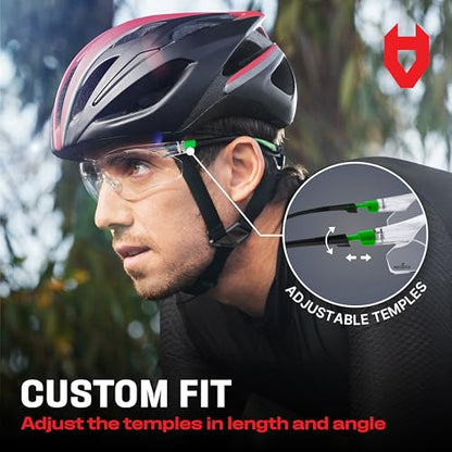 NoCry Clear Safety Glasses for Men and Women with Anti-Fog and Scratch Resistant Wrap Around Lenses, Adjustable Temples and Nose Pads — ANSI Z87 Certified Protective Eyewear with 100% UV Shielding - color: Black & Green