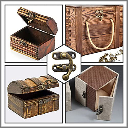 40Pcs Antique Bronze Box Hinges and 20 Sets Antique Right Latch Hook Hasp Wood Jewelry Box Hasp Catch with Matching Screws Kit for Decorative DIY Jewelry Cabinet Small Wooden Box
