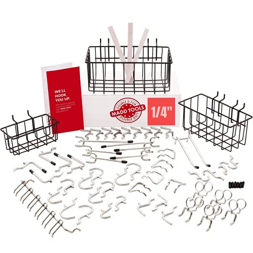 Extra Thick 60pcs Pegboard Accessories Organizer Kit | 1/4 Inch Peg Board Attachments | Peg Board Hook Set and Pegboard Basket Set for Tools - Heavy Duty - Does Not Fall Out Off The Board