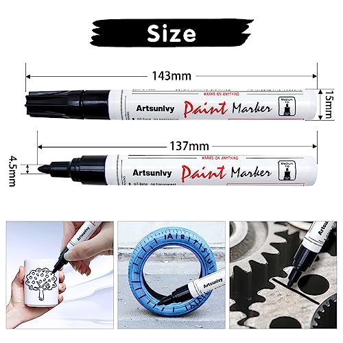 Artsunlvy Black Paint Pens Permanent Markers - 2 Pack Oil Based Quick Dry Waterproof Markers for Plastic, Tire, Rubber,Wood, Rocks, Metal, Canvas, Dark Surface,Craft Art Supplies,Medium Point - color: Black
