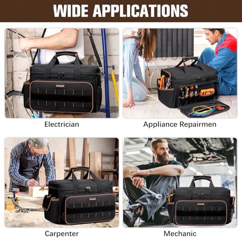 17 Inch Heavy Duty Tool Bags for Men Women, 20 Pockets Portable Tool Bag with Adjustable Shoulder Strap, Wide Mouth Tool Bag Organizer for Electricians Mechanics Carpenters HVAC