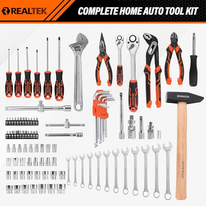 REALTEK 100 Piece Mechanic Tool Set, Car Tool Kit, Cr-V Socket Wrench Auto Repair Kit Includes Socket Accessories, Pliers, Heavy Hammer, Screw Drivers, General Households Tools with Larger Case