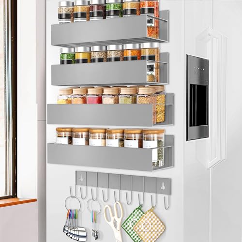 SMRCAD Magnetic Spice Rack Organizer for Fridge Seasoning Organizer for Kitchen storage with Screw Magnetic Shelf with Hook for Refrigerator and Oven (4pack1hook-Grey) - color: 4pack1hook-Grey