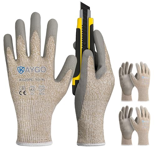 KAYGO Cut Resistant Gloves Polyurethane Coated, 3 Pairs ANSI Cut Level A3, Superior Grip Performance,Safety Work Gloves For Men and Women, Ideal for General Duty Work,XL - color: Beige Ansi A3, size: X-Large