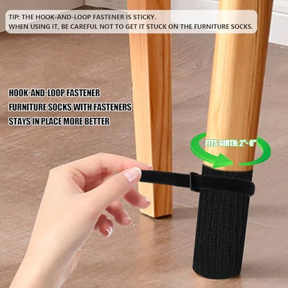 16 PCS Furniture Leg Socks with Hook-and-Loop Fastener - Black Knit Chair Leg Floor Protectors for Hardwood Floors - High-Elasticity Furniture Socks with Fasteners Stays in Place Well - size: 16 Pcs Black With Fasteners