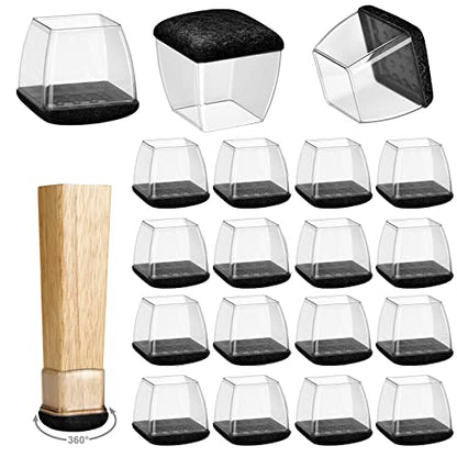 16 Pack Chair Leg Floor Protectors for Hardwood Floors, Round Rubber Furniture Sliders, 360°Felt Pad Bottom Wrapped Thickening Silicone Furniture Legs Caps Covers(Square,Clear-Black-L Plus) - size: Trans-black-l Plus