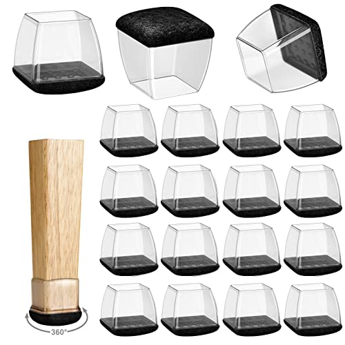 16 Pack Chair Leg Floor Protectors for Hardwood Floors, Round Rubber Furniture Sliders, 360°Felt Pad Bottom Wrapped Thickening Silicone Furniture Legs Caps Covers(Square,Clear-Black-L Plus) - size: Trans-black-l Plus