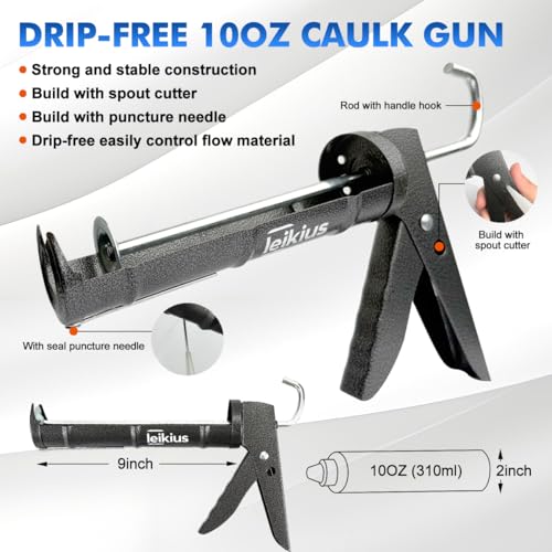 Caulk Gun,No-drip Silicone Caulking Gun, Caulking Tools Grout Scraper&Putty Knife For Kitchen Bathroom Sink Joint,With Gift Box Works 10 OZ Tubes Black-siliver