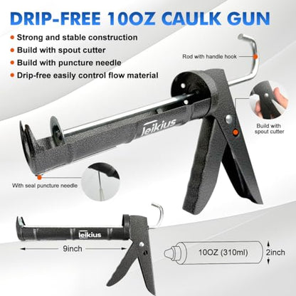 Caulk Gun,No-drip Silicone Caulking Gun, Caulking Tools Grout Scraper&Putty Knife For Kitchen Bathroom Sink Joint,With Gift Box Works 10 OZ Tubes Black-siliver