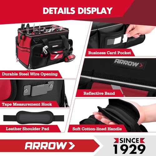 ARROW 17" Large Tool Bag with 36 Multipurpose Pockets, Tool Bags for Men Heavy Duty with Waterproof Hard Base, Reflective Band, Wide Open Mouth Toolbag for Electrician Mechanic Plumber HVAC - size: 17 Inch